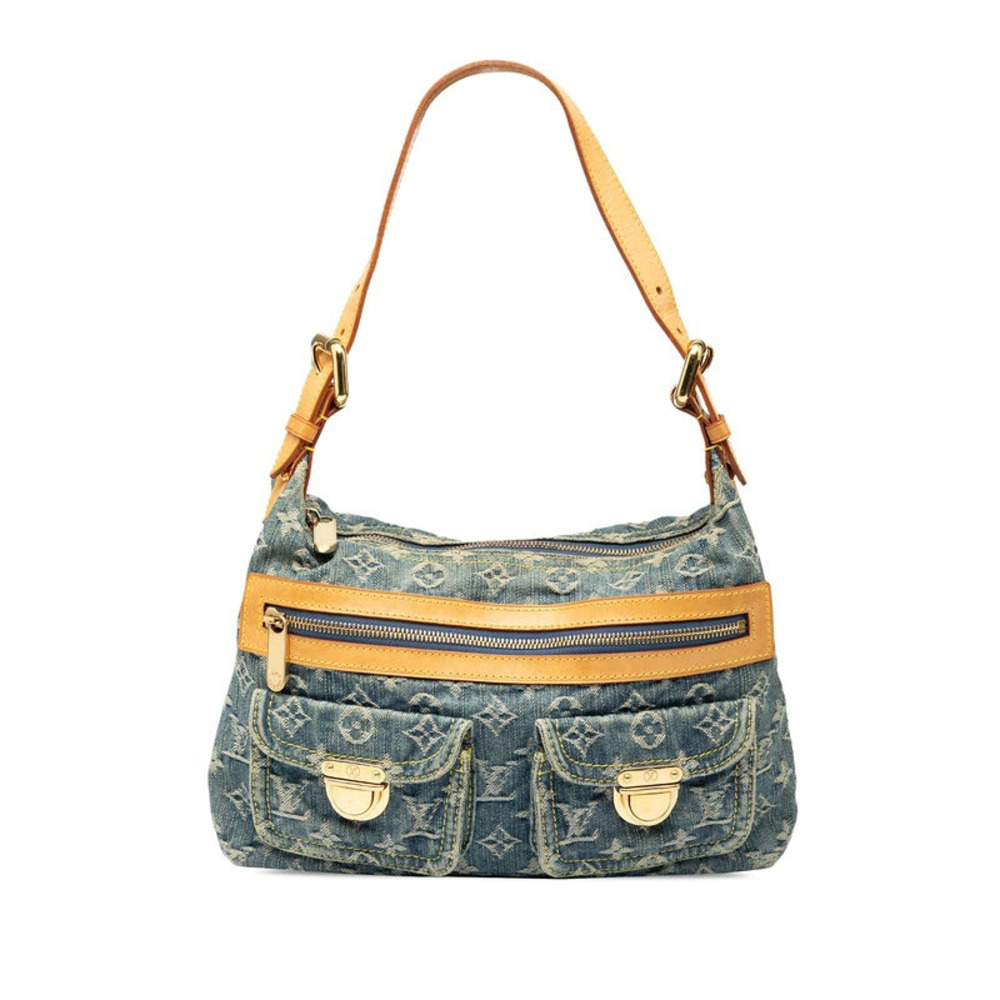 Louis Vuitton Monogram Denim Baggy Hobo Bag Handbag Blue Leather